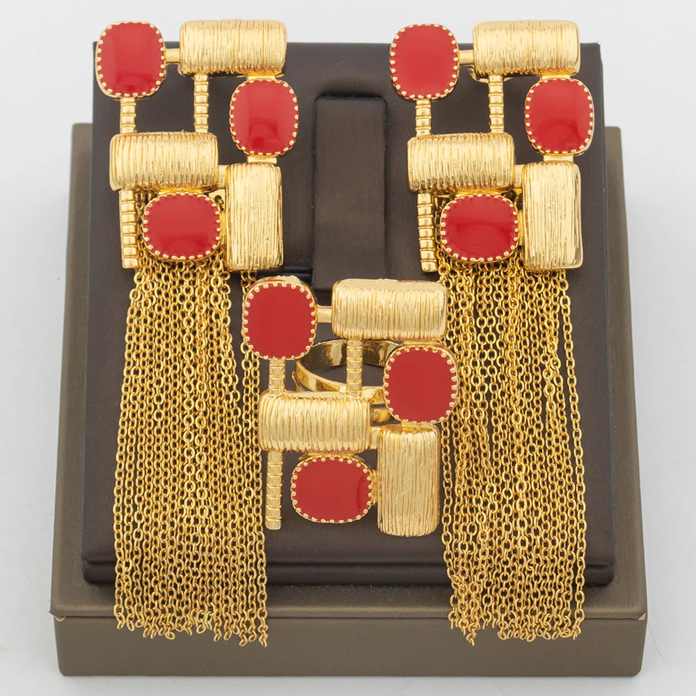 Trend-Schmuckset für Damen Afrikanisches Goldfarbenes Ohrring- und Ringset Geometrisches Design Quastenohrringe Größenverstellbarer Ring für Hochzeiten