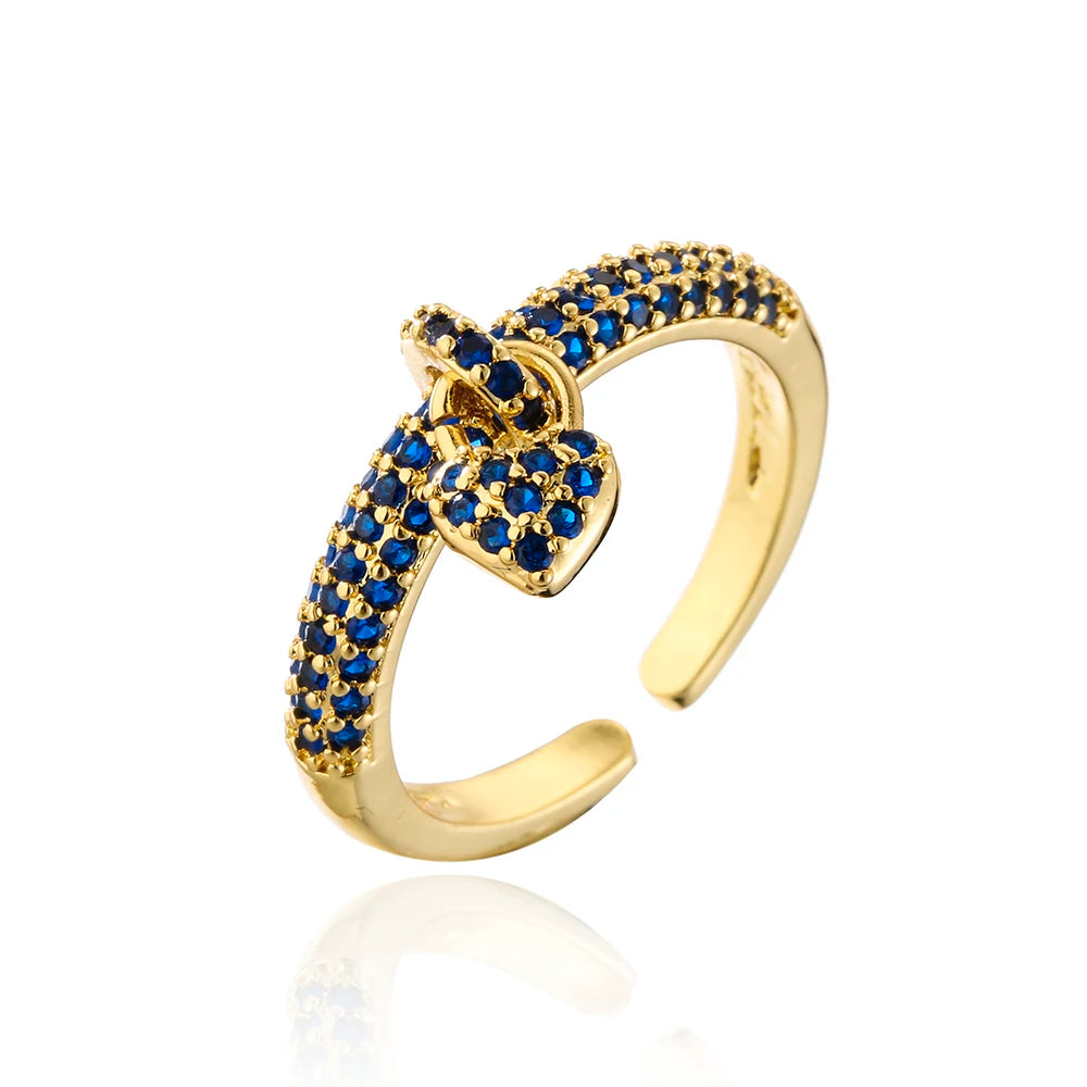 NEWBUY Fashion Bunte Zirkonia Pavé-Fassung Hochzeitsschmuck 2024 Trendiger Goldfarbener Herzanhänger Fingerring für Damen