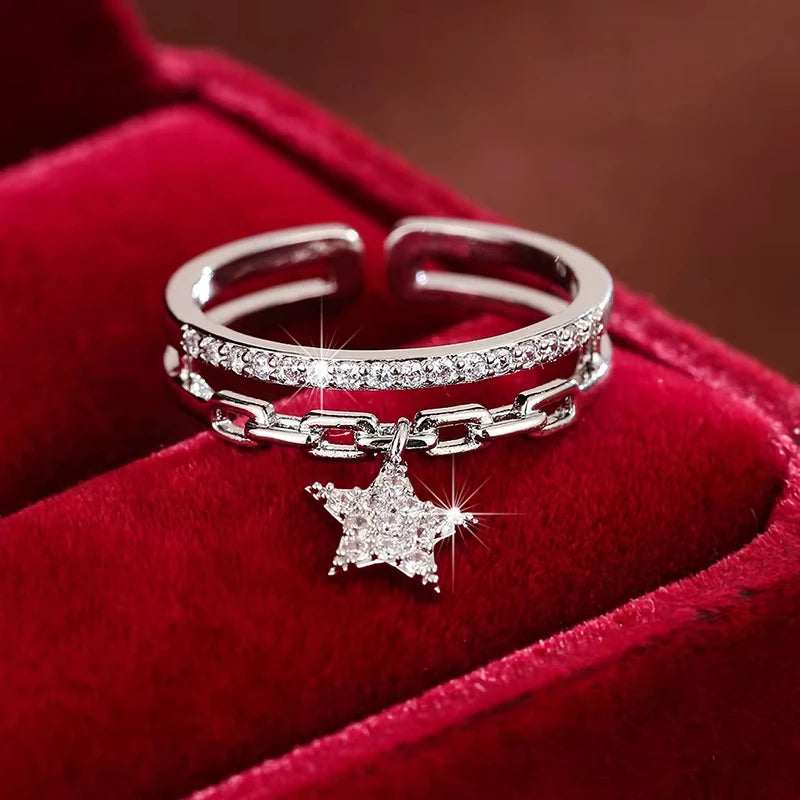 Anillo de Apertura de Doble Capa Exquisito para Mujer con Circonita Sintética Ajustable y Colgante de Estrella
