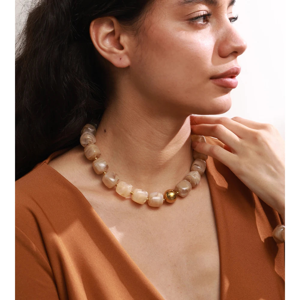 Yhpup Acrylic Square Beads Chain Necklace Bracelet Bangle Stainless Steel Handmade Jewelry Waterproof Green Khaki Pink Amber