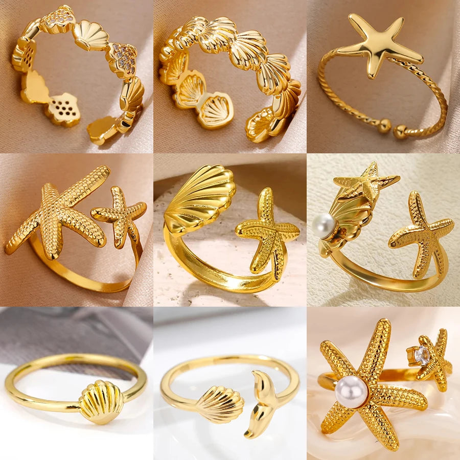 Anillos abiertos de acero inoxidable con conchas de estrellas de mar para mujer, anillo de dedo de color dorado a la moda, joyería de océano para vacaciones de verano en la playa