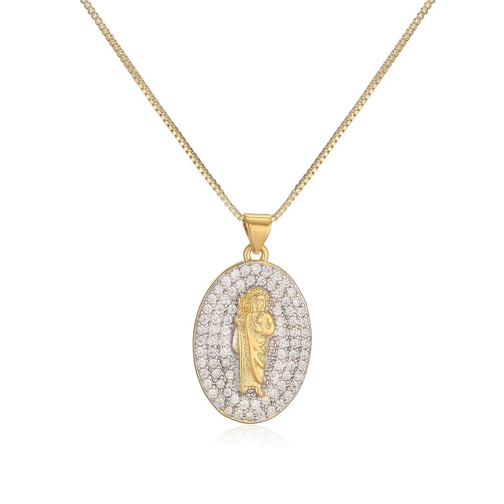 NEWBUY 2025 New Trendy Silver/Gold Mix Color Shiny AAA CZ Inlay Virgin Mary & Priest Pendant Necklaces