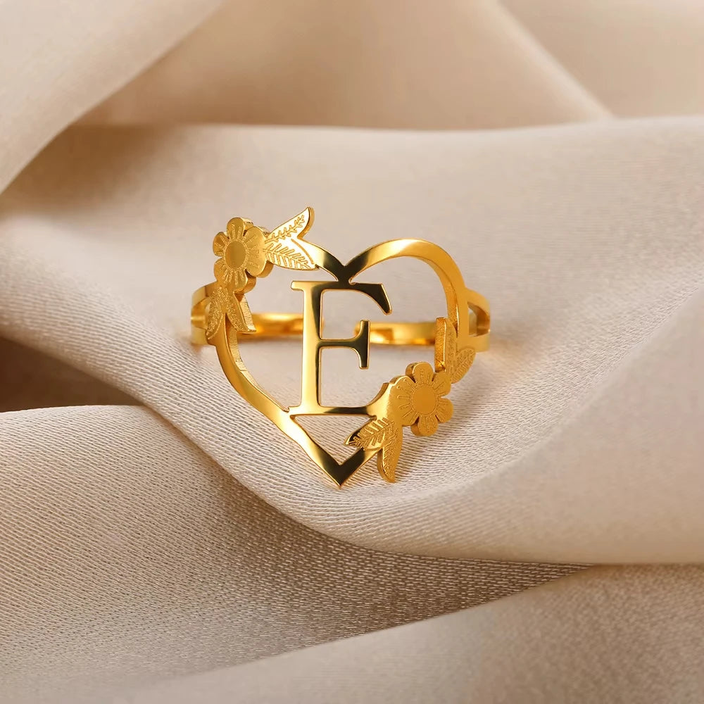 Edelstahl Initialen Buchstaben Herzringe für Frauen Mädchen Goldfarben Blumen Alphabet Ring Mode Valentinstags Schmuck Geschenk