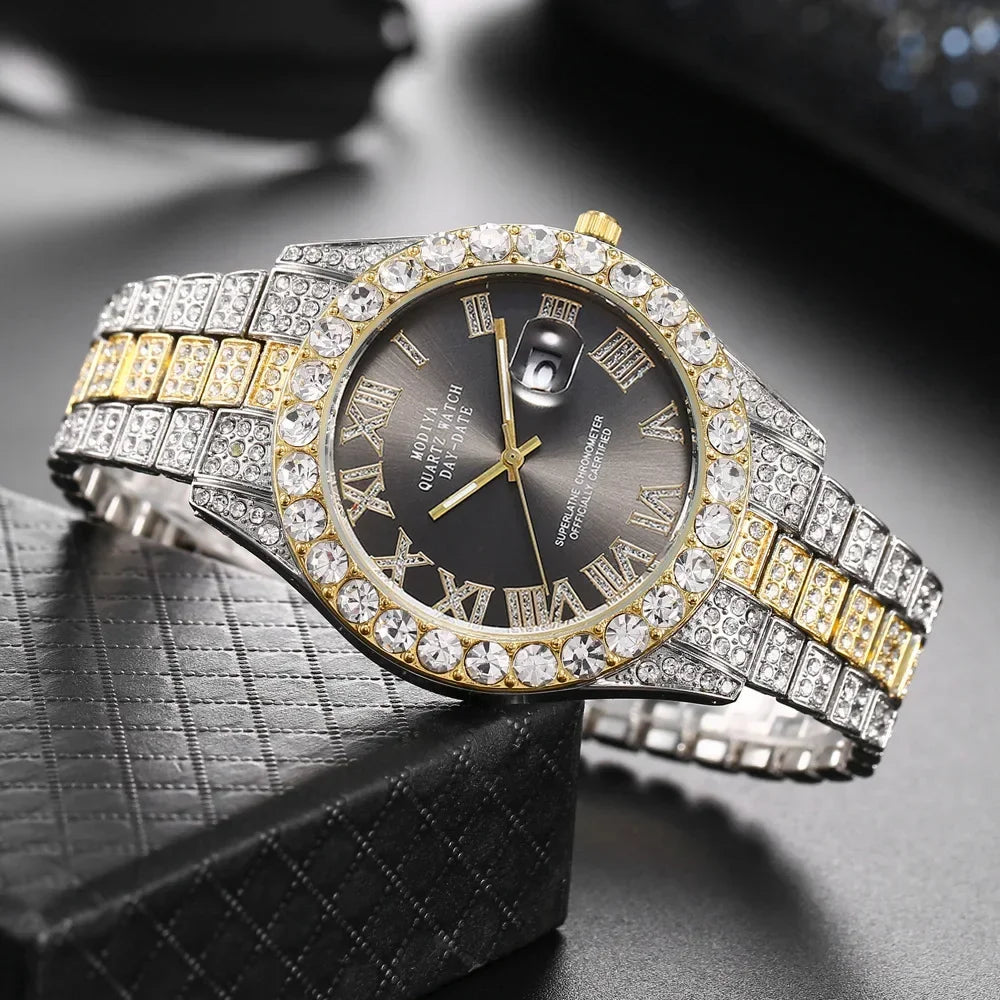 Reloj de diamante brillante Hot Sale para hombre, color oro, de lujo, de cuarzo, reloj masculino, dropshipping, calendario de diamantes de imitación, reloj de pulsera