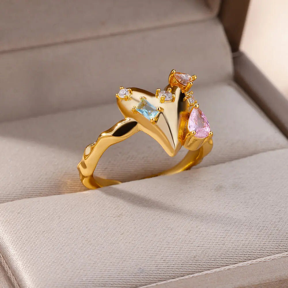 Luxus Zirkon Herzringe für Damen Goldfarbe Offen Edelstahl Kristall Geometrie Fingerring Schmuck Hochzeitsgeschenk anillos