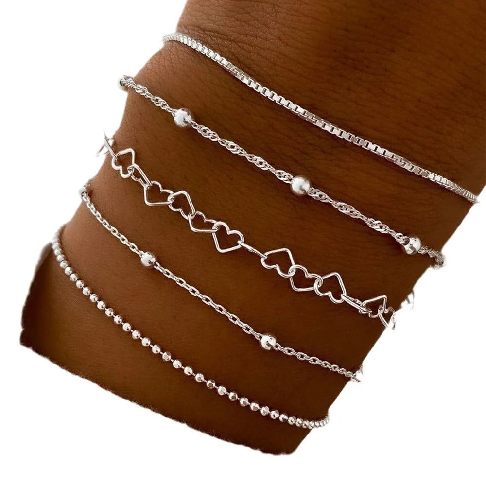 Neu 5tlg/Set Goldfarben Elegant Liebe Armreif Retro Mehrschicht Armbänder Set Für Damen Weiblich Mode 2024 Trendiger Schmuck Geschenk