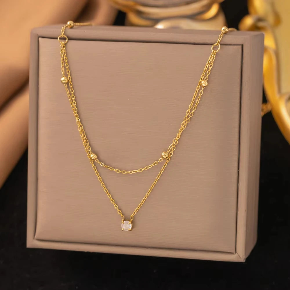 Stainless Steel Light Luxury Charm White Round Zircon Pendant Double layer Necklace Lady Classic Neck Chain Jewelry