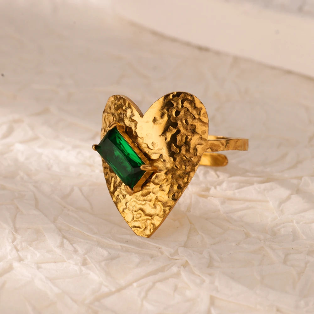 Grüne Zirkonia Herzringe für Damen, Vintage Goldfarben, Edelstahl, offener Ring, modischer ästhetischer Schmuck, Hochzeitsgeschenk