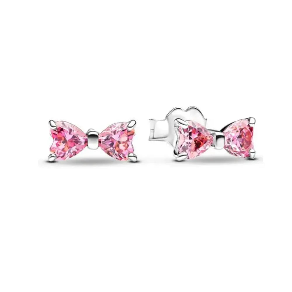 Pendientes de tuerca europeos nuevos de plata 925 con piedra blanca y rosa, lazo rojo, aptos para mujer, festival, exquisitos abalorios de joyería, regalos