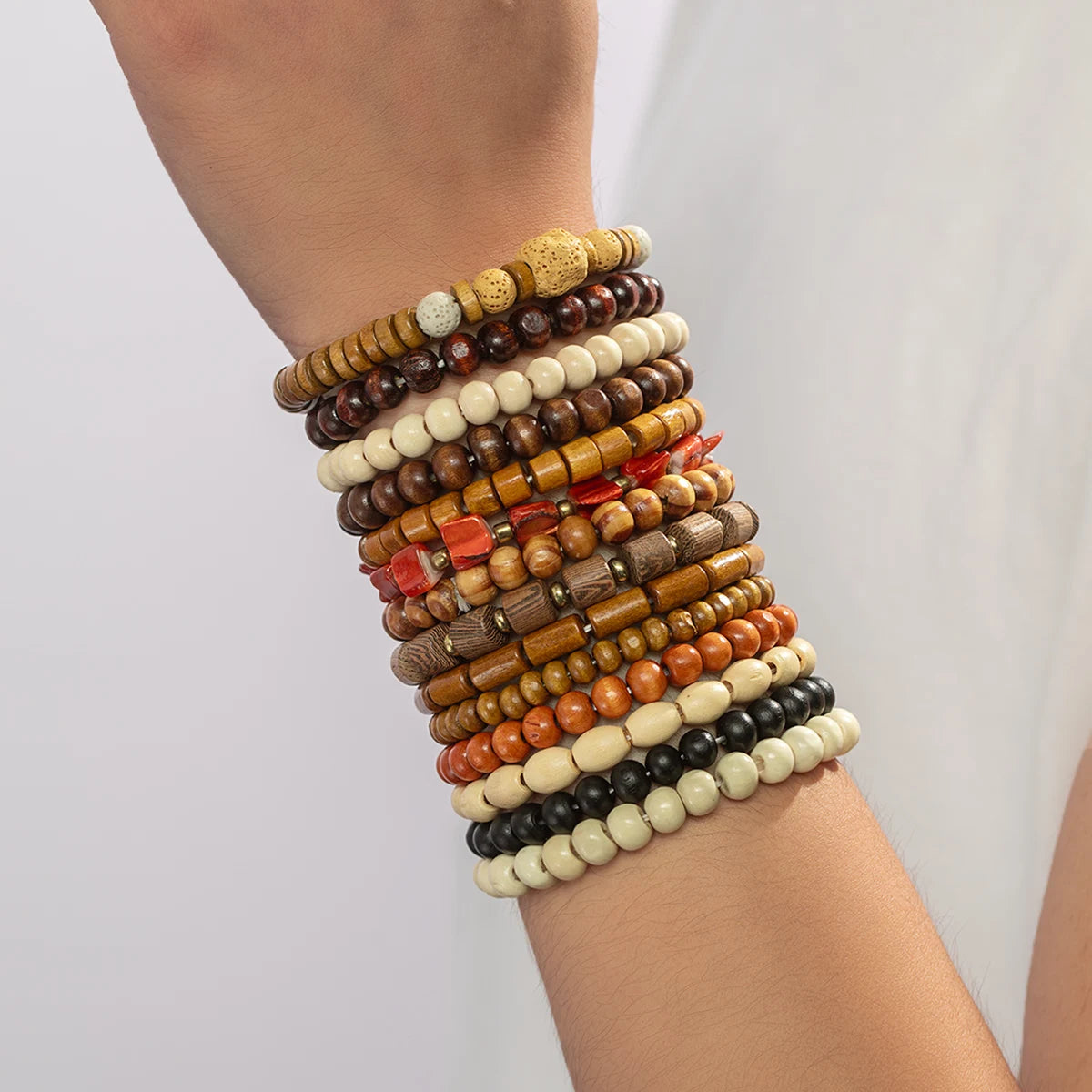 14 piece Bohemian style colorful wooden bead multi-layer layered neutral bracelet set suitable for gift giving