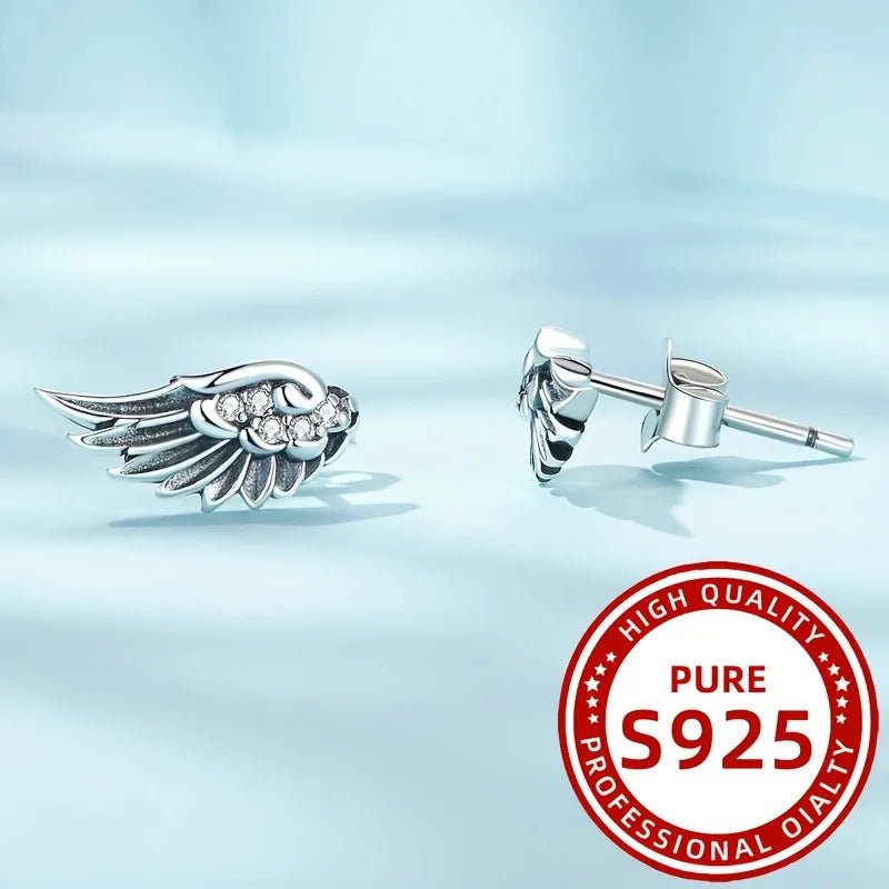 Pendientes elegantes para mujer con alas de pluma de ángel, 1,12g, plata 925, adecuados para uso diario, fiestas, vacaciones, regalos