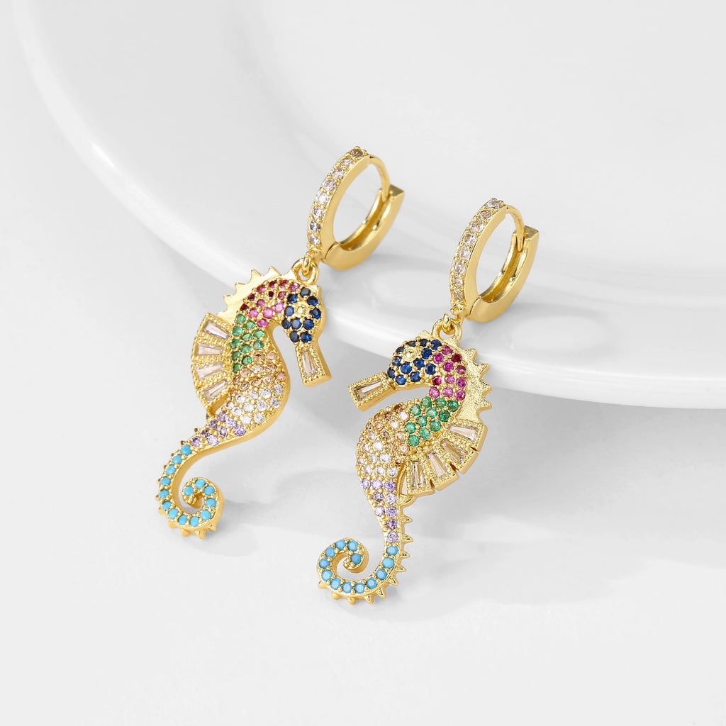 NEWBUY 2024 Trendige Bunte AAA Zirkonia Inlay Seepferdchen Ohrhänger für Damen Party Schmuck