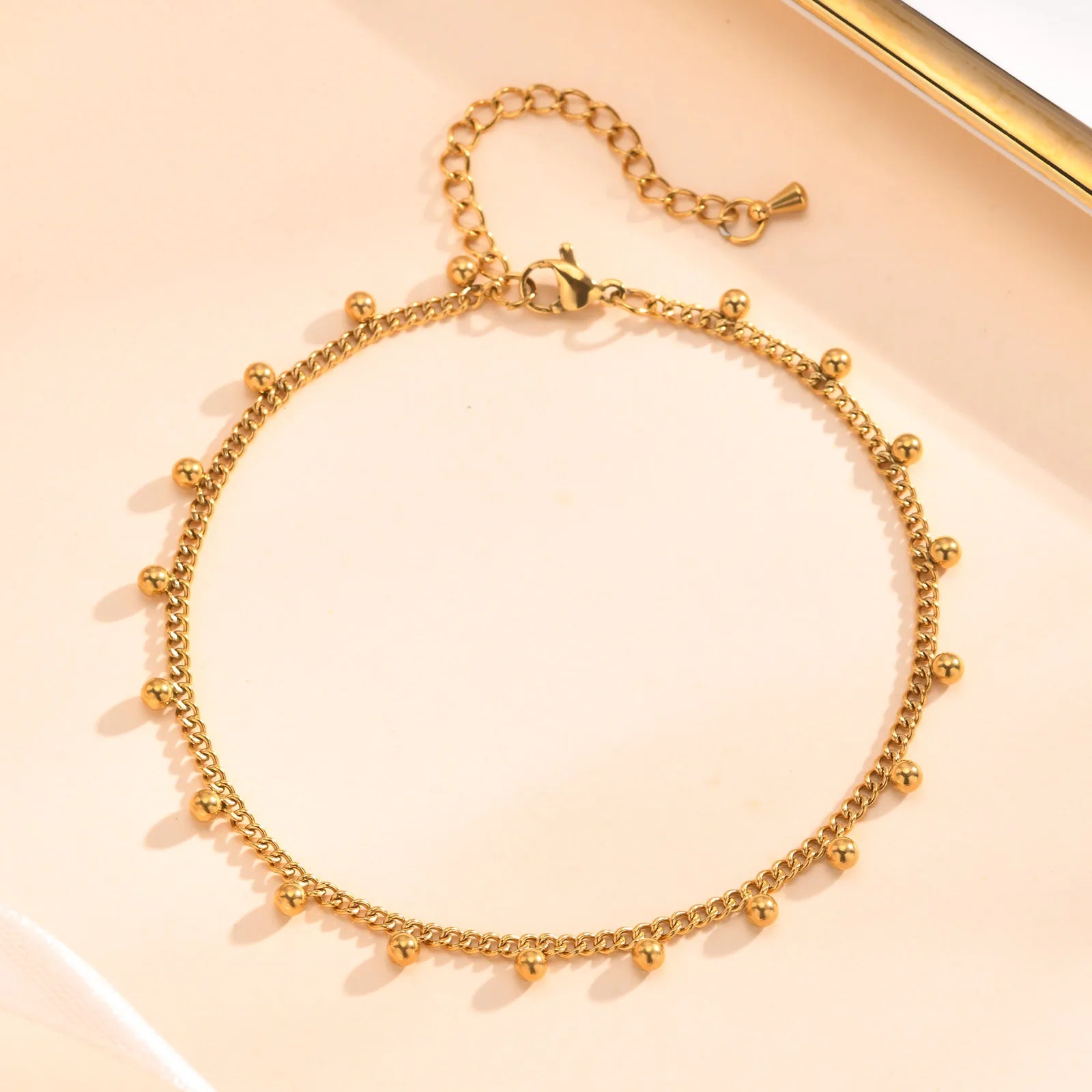 Fußkettchen Armband für Beine aus Edelstahl, wasserdicht, verstellbar, Strandperlen, Kugel, kubanische Gliederkette, Sommer, Boho-Fußschmuck für Damen