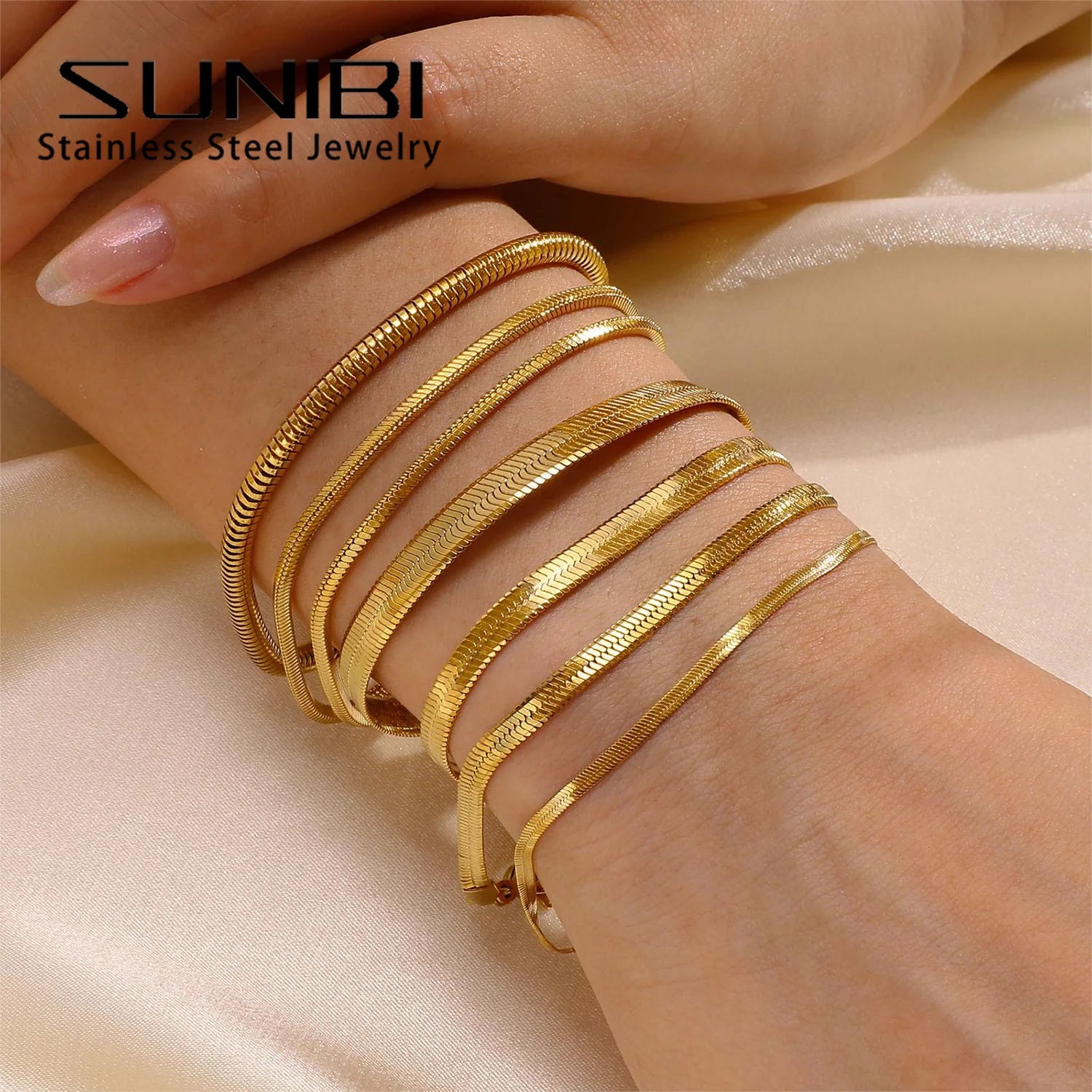 SUNIBI Klassisches Schlangenkette-Armband aus Edelstahl für Frauen Goldfarben Breite 2/3/4/5mm Kettenarmband Damen Schmuck Großhandel