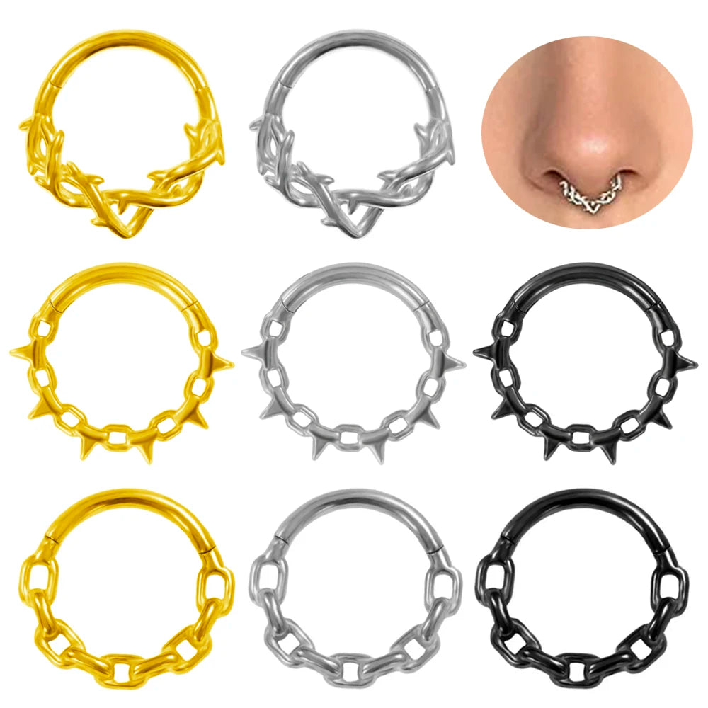 Piercing de aro para la nariz con bisagras, calibre 16G, de acero inoxidable 316L, para tabique, daith, hélix, cartílago, pendientes, cadena, joyería corporal