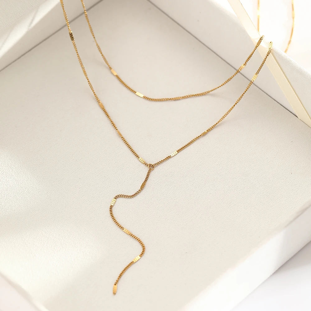 DOTIFI Edelstahl Mode Pendler Y-förmige Fransen Halskette Minimalistische doppellagige Schlüsselbeinkette Schmuck für Frauen