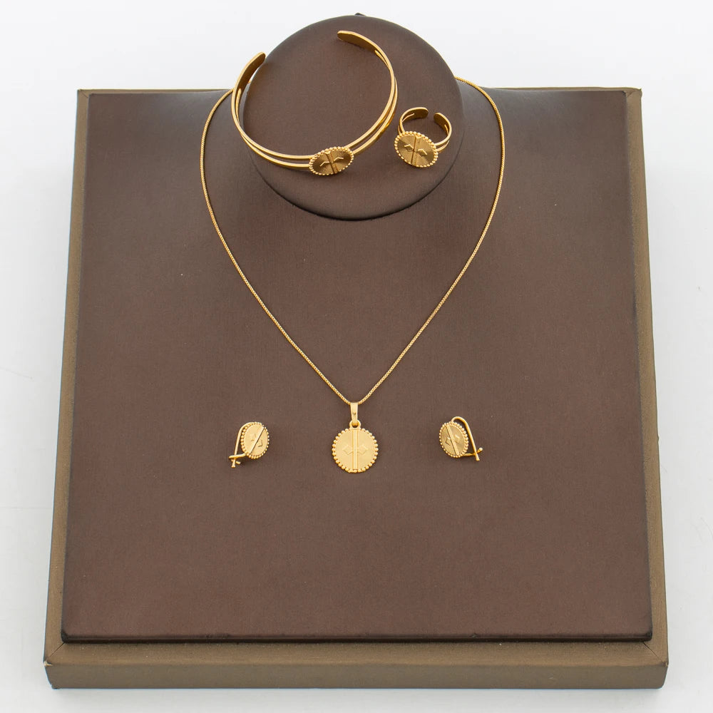 Elegantes Mädchenschmuck-Set für Partys, Kupfer-Goldfarbene Halskette und Creolen und Halsketten-Armreif-Ring-Set für Hochzeitsgeschenke