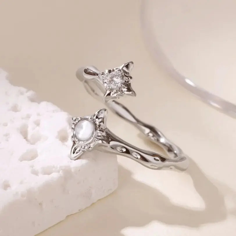 Zirkon Blumenringe für Frauen Goldfarbene Doppelte Blume Verstellbarer Edelstahlring Hochzeit Party Weihnachtsgeschenk Schmuck