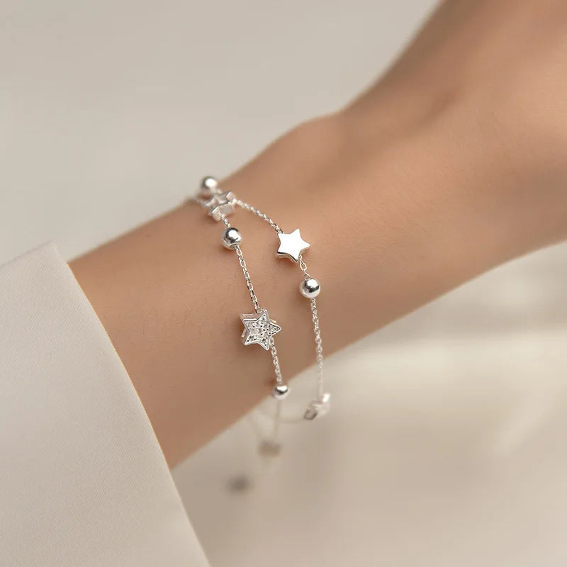 VENTFILLE 925 Stamp Silver Color Star Bracelet Fashion Korean Five-pointed Stars Crystal Double Bracelet Dropshipping Wholesale
