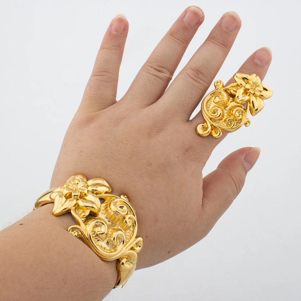 Leoparden-Design Armreif und Ring Schmuckset Vergoldet Afrikanisches Armband Verstellbarer Ring Hochzeiten Brautschmuck Accessoires