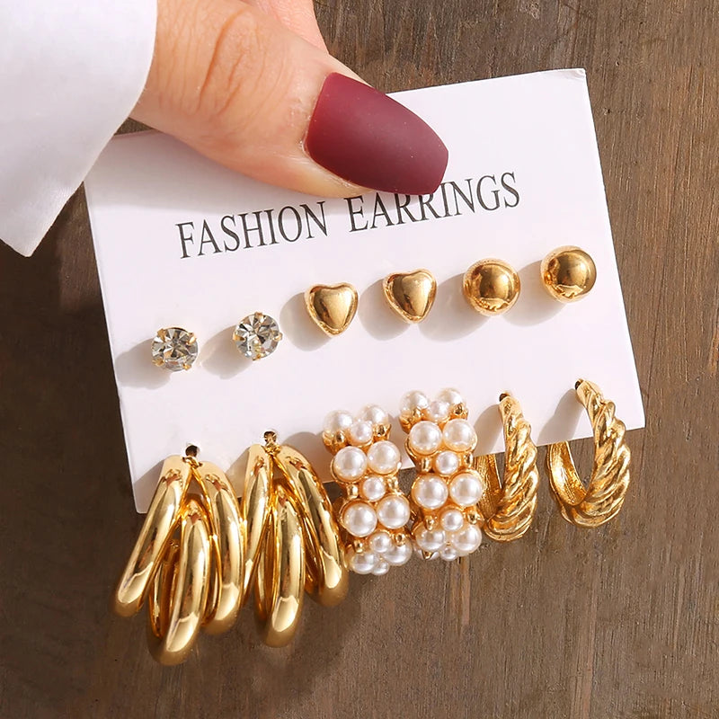 Aretes de Perlas Geométricos Vintage Color Oro, Set de Aretes Colgantes Cuadrados de Metal Trenzado Redondos para Mujer, Joyería de Fiesta Sencilla y de Moda