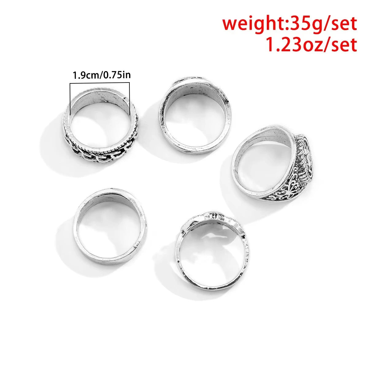 5 Stk./Set Goth Totem Pferd Flamme Antik Silberfarbene Ringe für Herren Unisex Punk Geschnitzter Fingerknöchel Männliche Schmuckaccessoires Steampunk