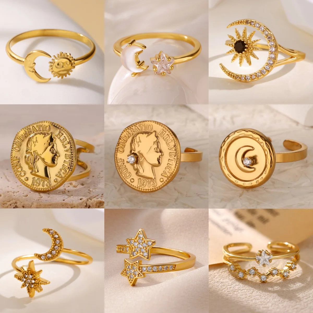 Anillos de Monedas de la Diosa Arethusa de la Antigua Grecia Vintage para Mujeres Imitación Perla Zircon Luna Anillo de Acero Inoxidable Joyería de Moda
