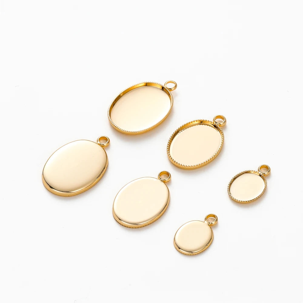 10 unidades/lote cabujón chapado en oro de 14K y 18K con orificio base de colgante, bandeja en blanco, bisel, joyería colgante hecha a mano, hallazgos para hacer bricolaje