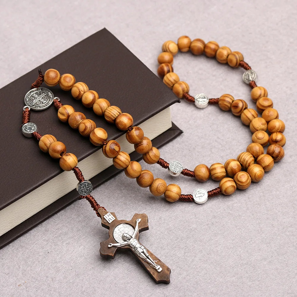Rosario de cuentas de madera de 10 MM, collar con cruz, para mujeres y hombres, con Virgen María e INRI, cadena con colgante, joyería religiosa de moda