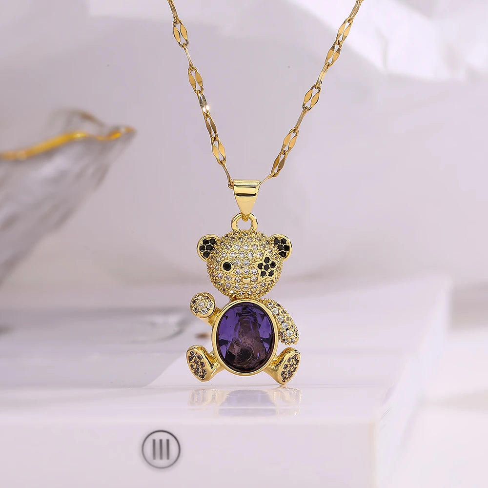 NEWBUY Hot Sale 2 Style Lovely Bear Pendant Necklaces For Women Shiny CZ Zircon Inlay Gold Color Copper Jewelry