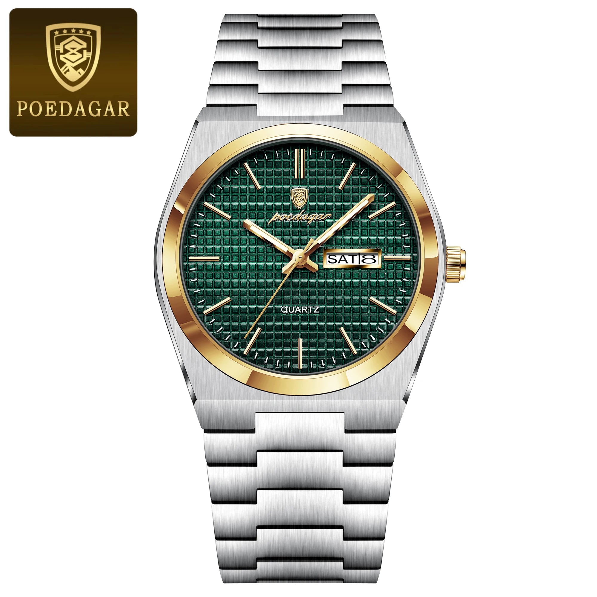 POEDAGAR Reloj de Hombre de Negocios de Acero Inoxidable Impermeable Luminoso con Fecha y Semana Reloj de Pulsera de Cuarzo de Moda Casual para Hombres