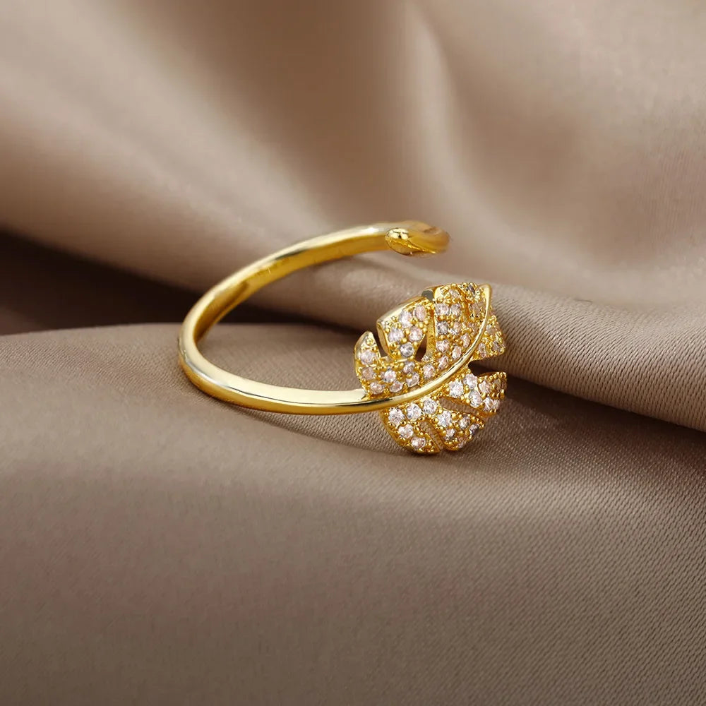 Anillos Abiertos con Forma de Hoja de Palma de Moda para Mujer Color Dorado Circón Anillo Ajustable para Dedo Niñas Regalo de Joyería de Fiesta Coreana