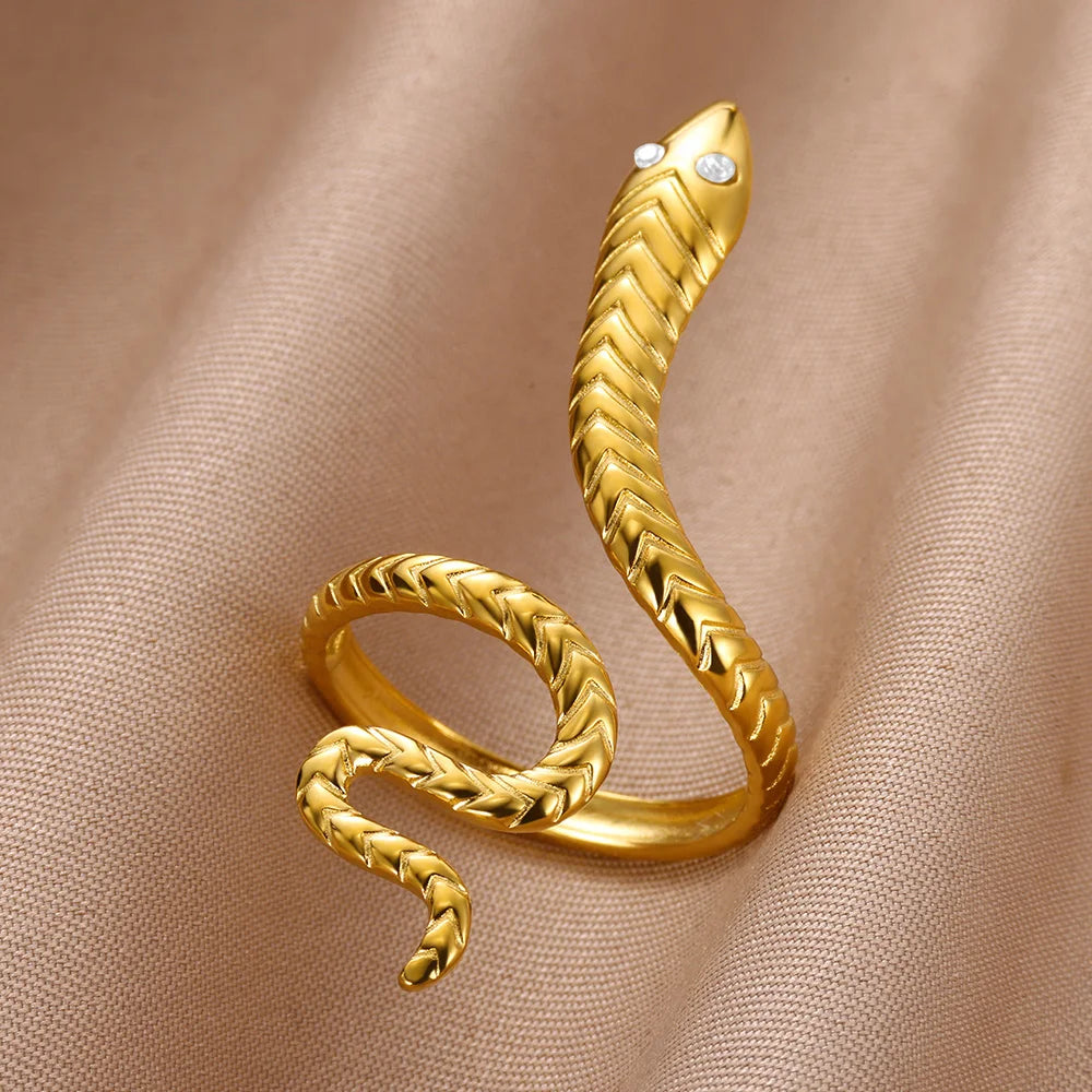 Zirkon-Schlangenringe für Damen und Herren Edelstahl Goldfarben Offener verstellbarer Ring Vintage Gothic Ästhetik Schmuck anillos mujer