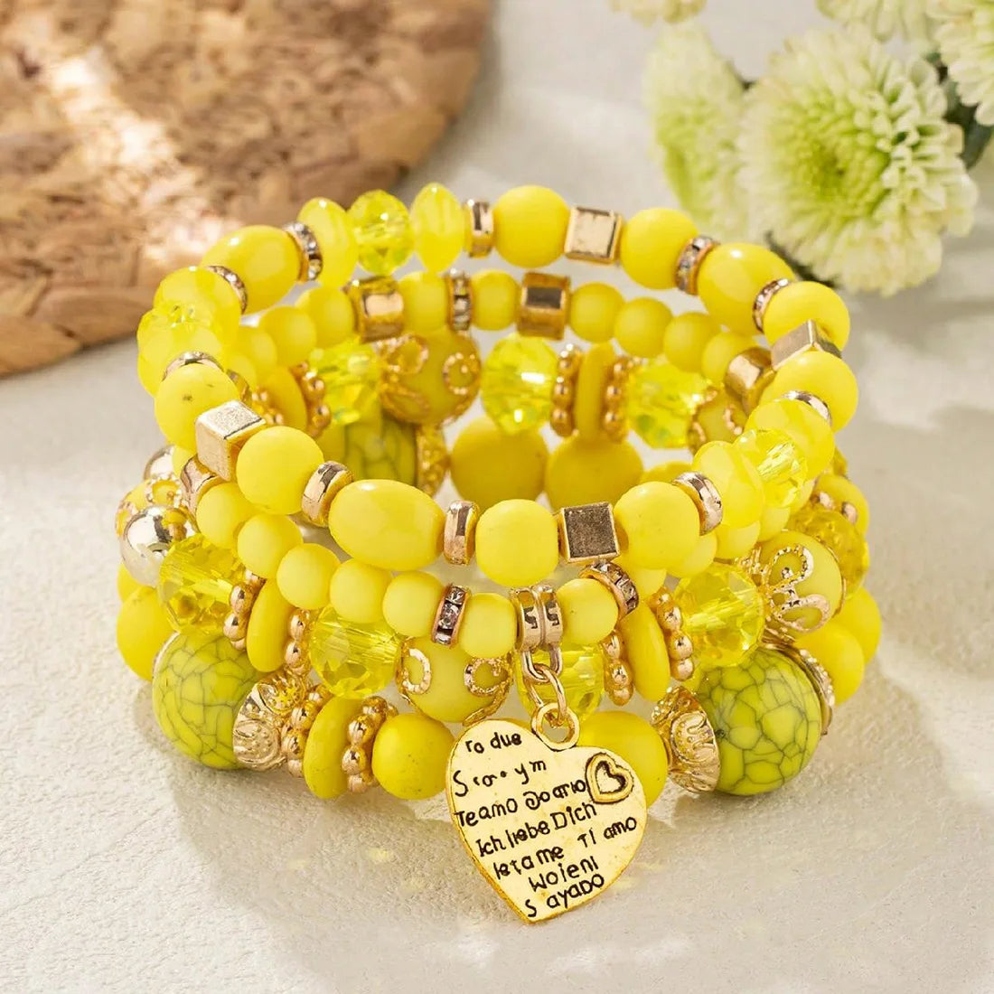 4er-Set Boho Kristallperlen-Kettenarmbänder für Damen, Vintage Herz-Anhänger, elastisches Armband, Damen Mode Party Schmuck