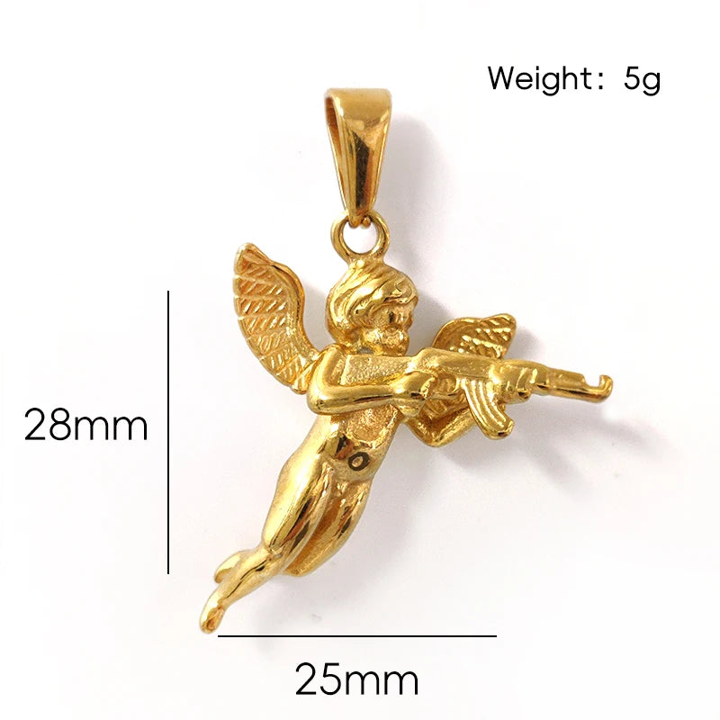 Collar con colgante de ángel 3D con pistola para hombre - chapado en oro de 18 quilates y cadena de cuerda de acero 316L, regalo de joyería gótica hip hop, "La venganza de Cupido"