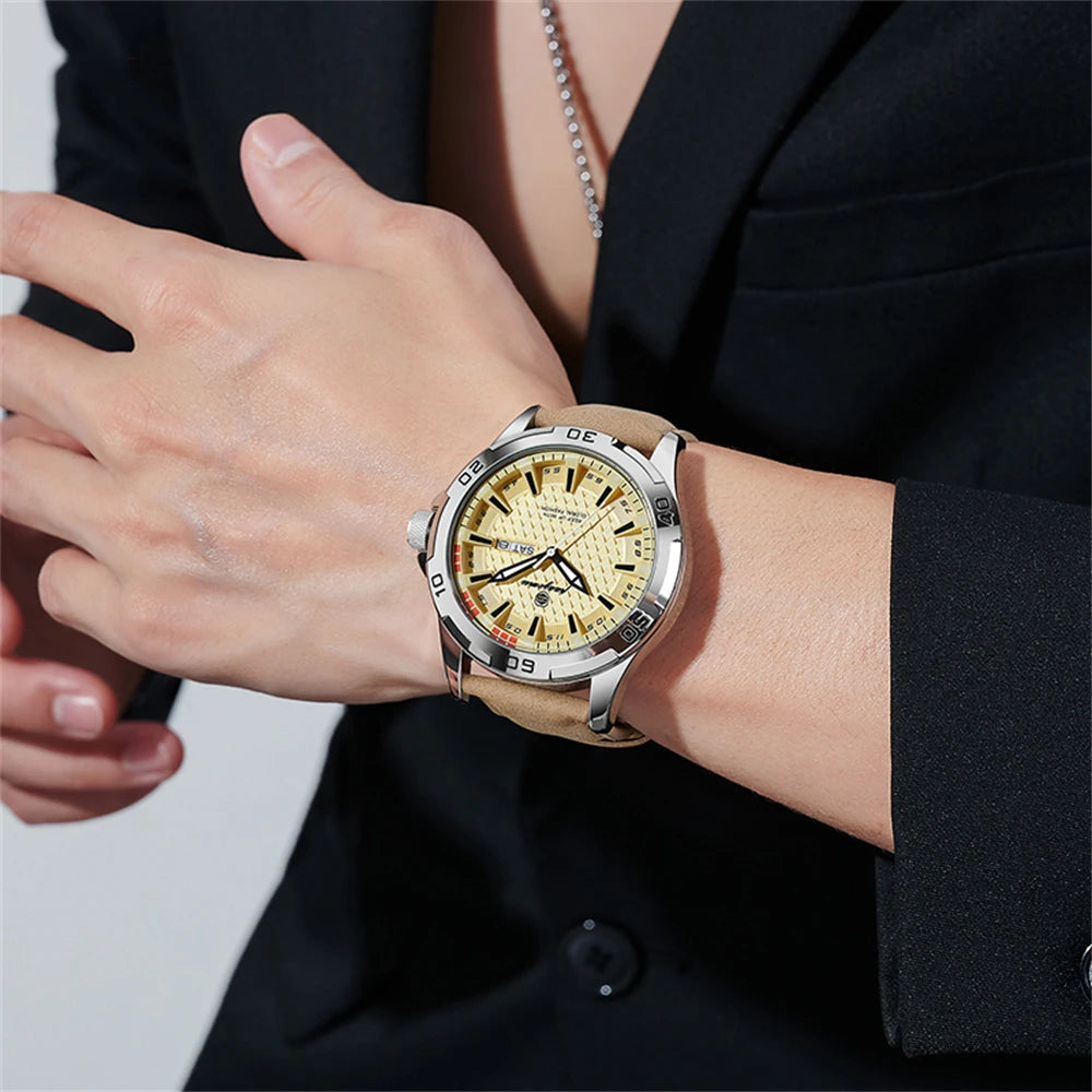 PAAZOMU Reloj de pulsera original para hombre, de lujo, resistente al agua, luminoso, con fecha y semana, de cuarzo deportivo, de cuero, para hombres Reloj