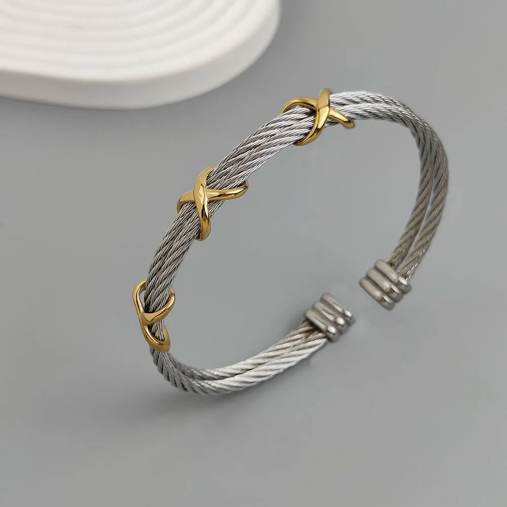 Original doppelreihiges Edelstahl-Drahtarmband in Kreuzform, vergoldet, wasserdicht und rostfrei, Paararmband