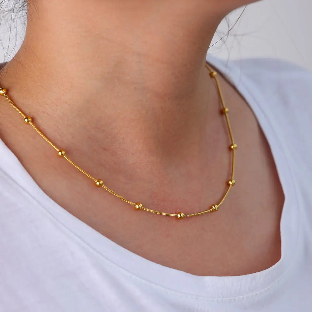 Collares de cadena de serpiente redonda de acero inoxidable con cuentas para mujer, color dorado, collar geométrico, joyería de lujo para boda, fiesta, regalo para mejor amiga