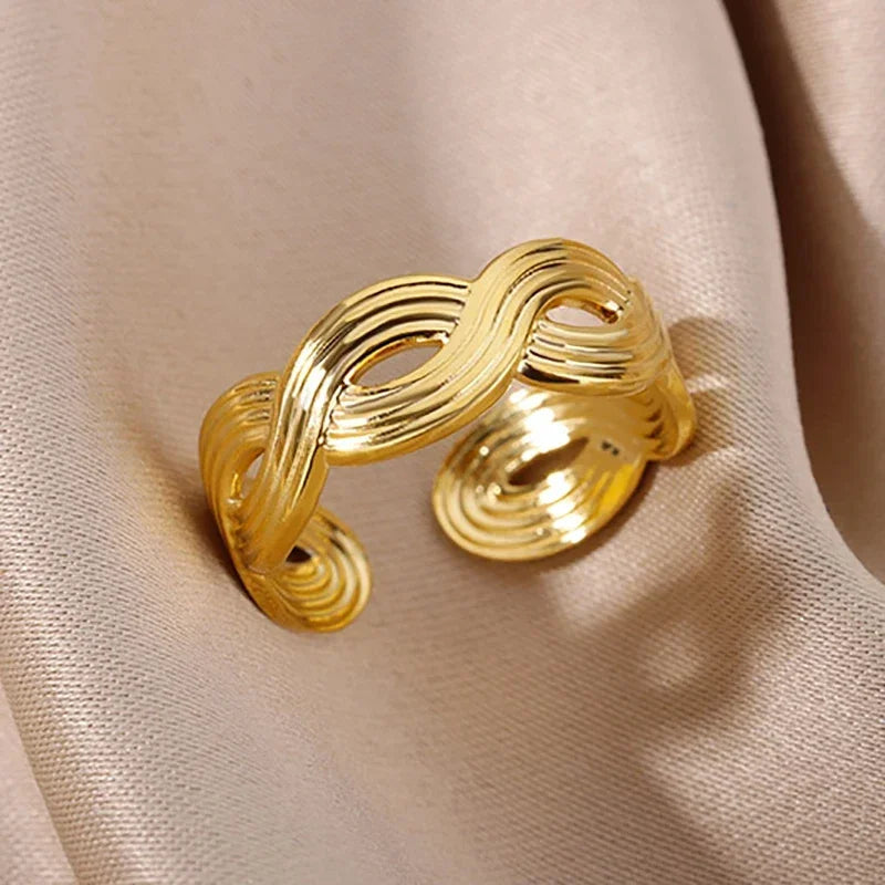 316L Edelstahlringe für Frauen Goldfarben Mehrlagiger Geometrischer Offener Ring Vintage Wasserdichter Hochzeit Ästhetischer Schmuck Geschenke