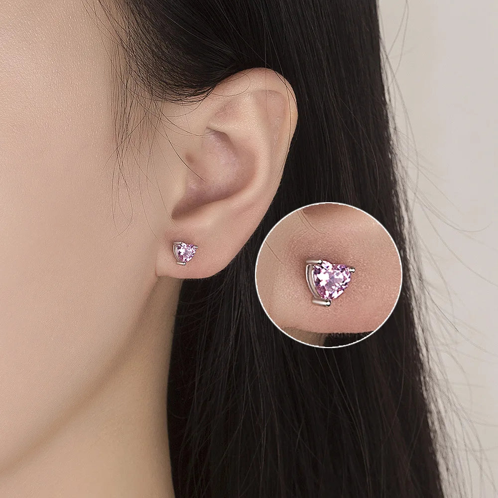 925 Sterling Silber Rosa Rot Weiß Lila Herz Zirkon Ohrstecker Für Frauen Verlobung Piercing Schmuck Accessoires Geld 925