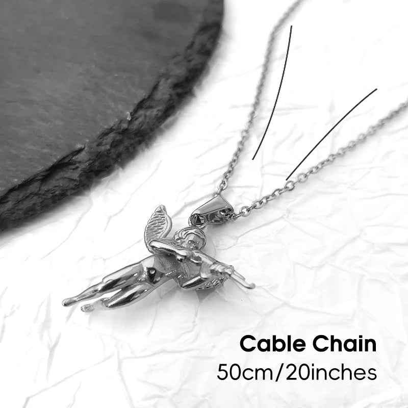 Collar con colgante de ángel 3D con pistola para hombre - chapado en oro de 18 quilates y cadena de cuerda de acero 316L, regalo de joyería gótica hip hop, "La venganza de Cupido"