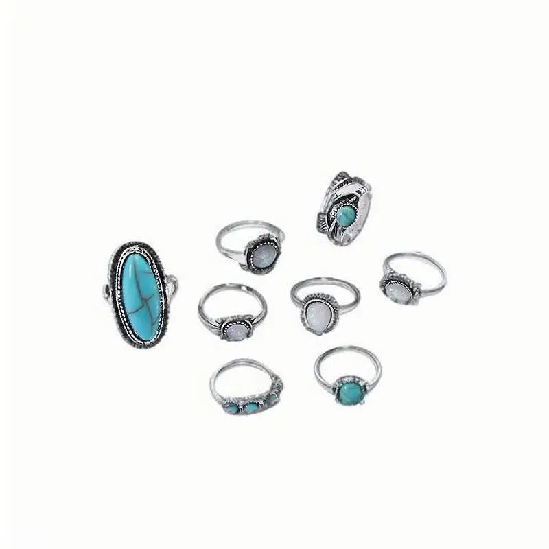 8 Stücke/Set Ringe Set Mode Lässig Retro Set Mit Türkis Geschnitztem Federring Set Hochwertiger Schmuck