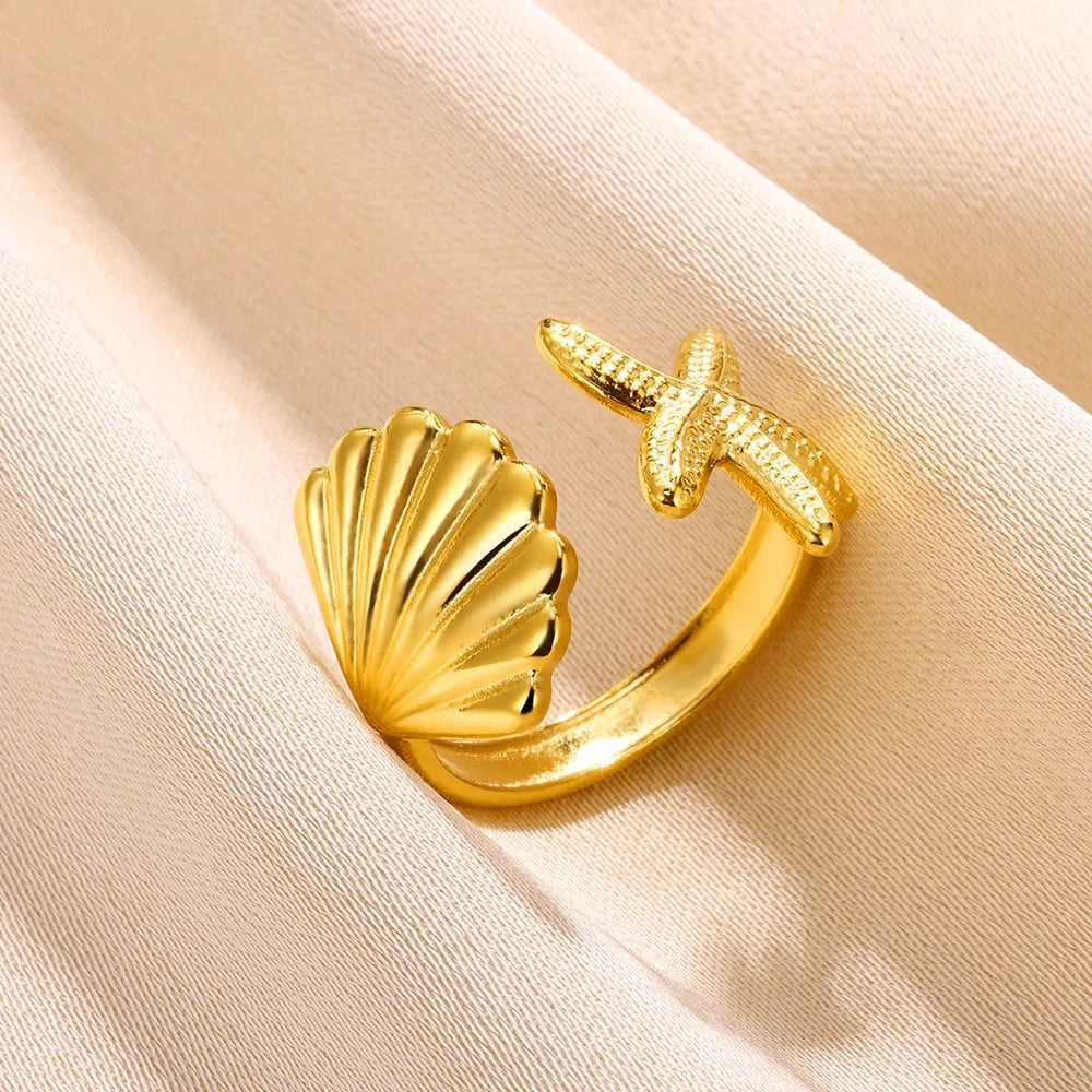 Vintage Muschel-Seestern-Ringe für Damen, goldfarben, Edelstahl, Muschel, Ozean, offener Ring, Hochzeit, Sommer-Schmuckgeschenk