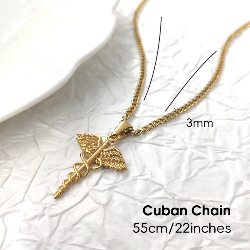 Collar de serpiente con ala de ángel de acero inoxidable chapado en oro de 18 quilates - Colgante de caduceo griego, joyería con amuleto para médico/enfermera