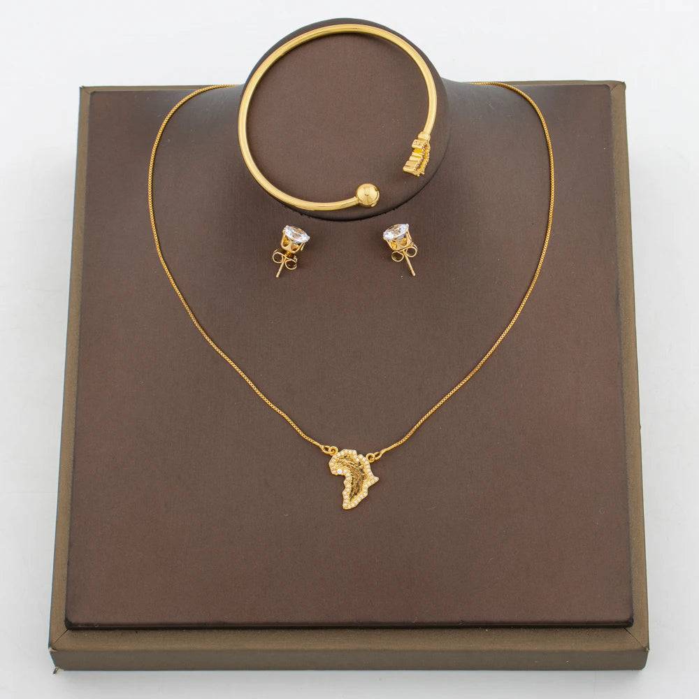 Gold Color Earrings and Necklace Jewelry Set for Party Luxury Zircon Stud Earrings Pendant Necklace Bangle Bride Jewelry Set