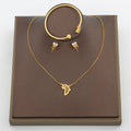 Gold Color Earrings and Necklace Jewelry Set for Party Luxury Zircon Stud Earrings Pendant Necklace Bangle Bride Jewelry Set