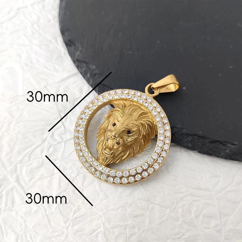 Colgante de cabeza de león con incrustaciones de cristal, estilo hip hop, para hombre, moda creativa, acero inoxidable, color dorado, para fiesta o club, joyería
