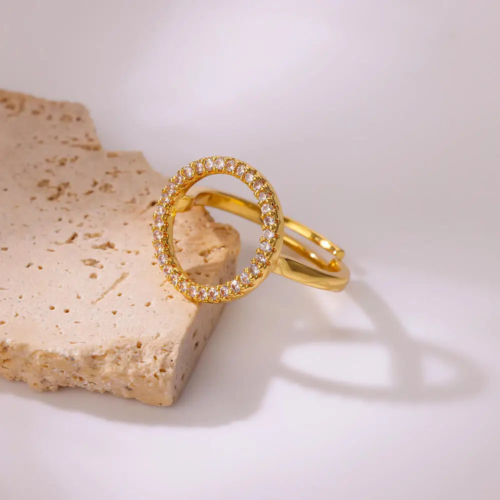 Anillos redondos huecos de circonita de moda para mujer, de acero inoxidable, color dorado, ajustables, anillo de boda, regalo de joyería estética anillos