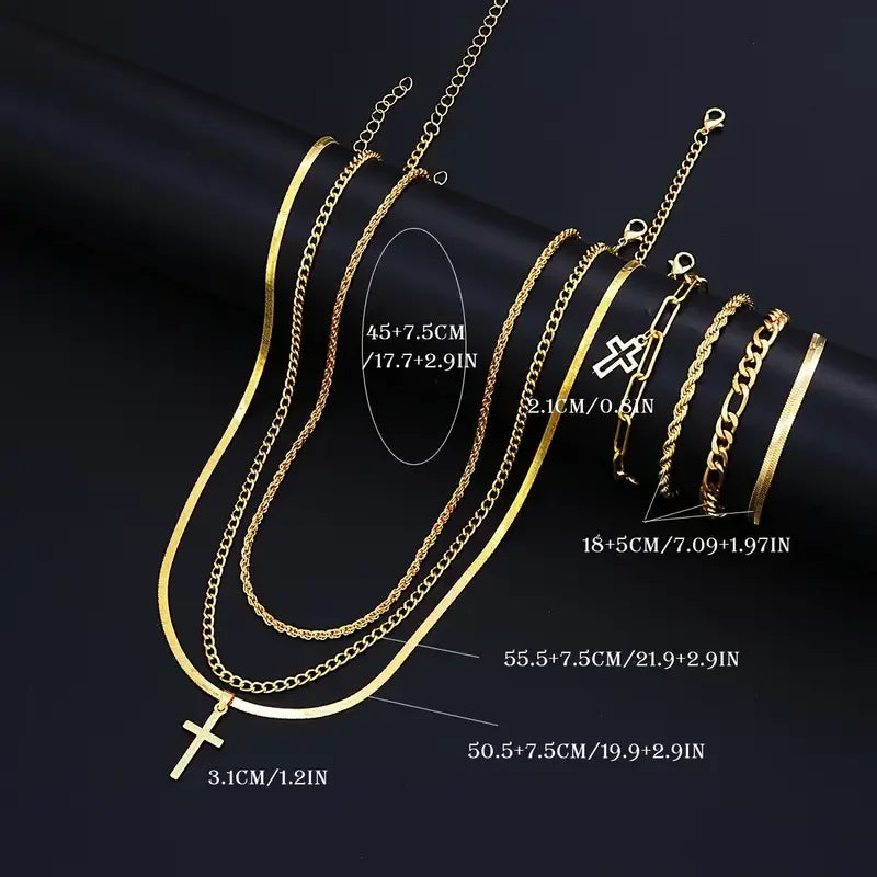7-teiliges elegantes minimalistisches Kreuzanhänger-Schmuckset aus Edelstahl für Herren – Halskette und Armband für den Alltag
