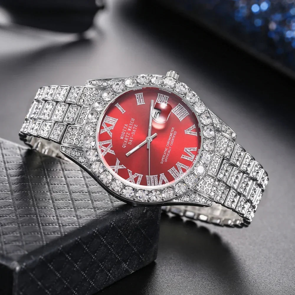 Reloj de diamante brillante Hot Sale para hombre, color oro, de lujo, de cuarzo, reloj masculino, dropshipping, calendario de diamantes de imitación, reloj de pulsera